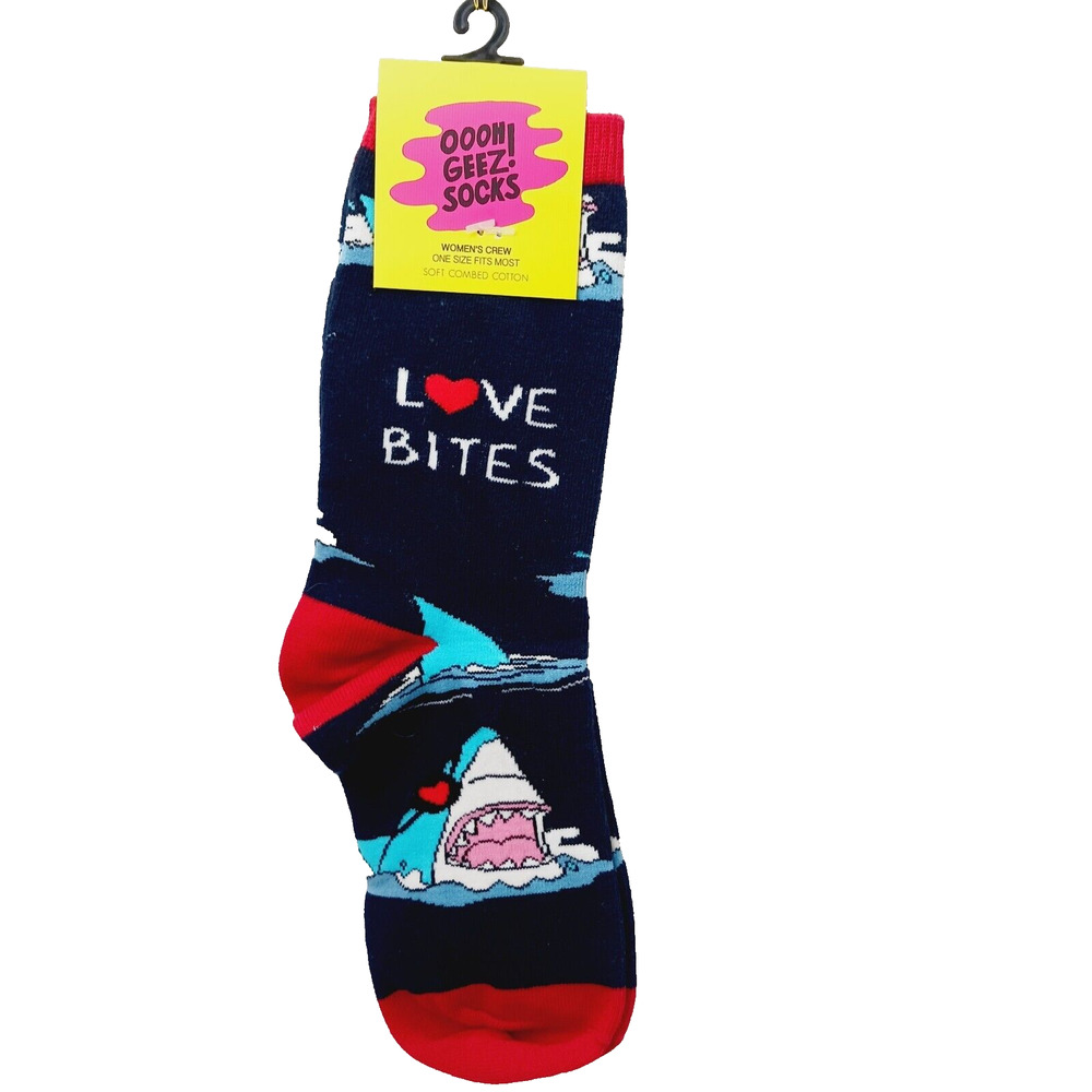 Women Boy Sock OOOH GEEZ! Love Bites Shark Great White Heart Valentine NWT NEW